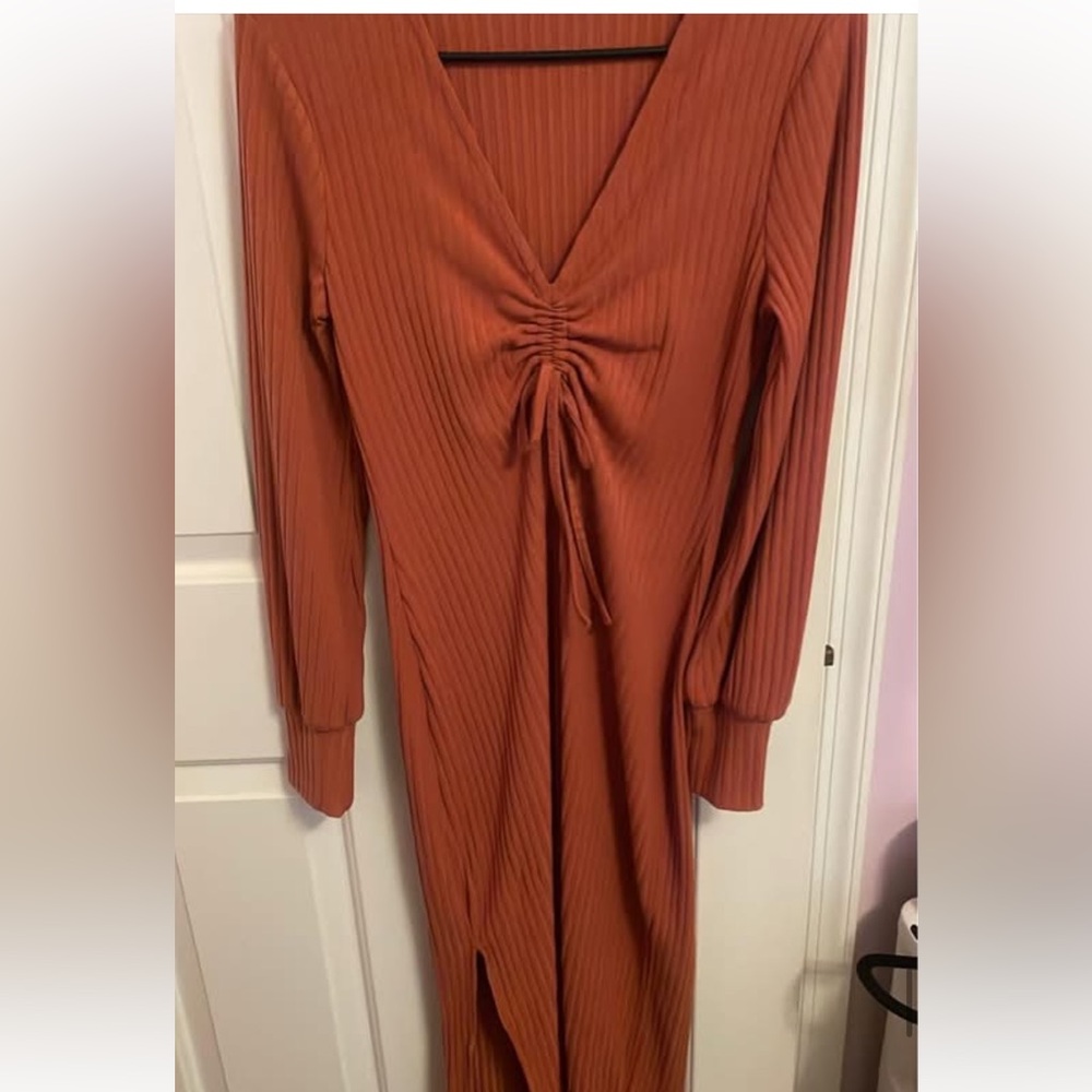 Pink lily Elegant Rust Long Sleeve Dress